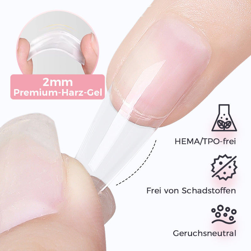 Multifunktionales Nagelhaftgel als Teil eines Nagelpflege-Sets. Transparentes Gel für perfekte Basis & Nagelverstärkung.