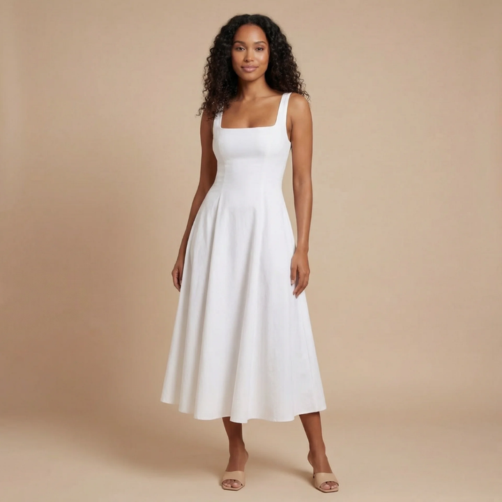 Elegantes Damen Midikleid für Hochzeitsgäste mit Karree-Ausschnitt. Festliches ärmelloses Kleid in Grün.