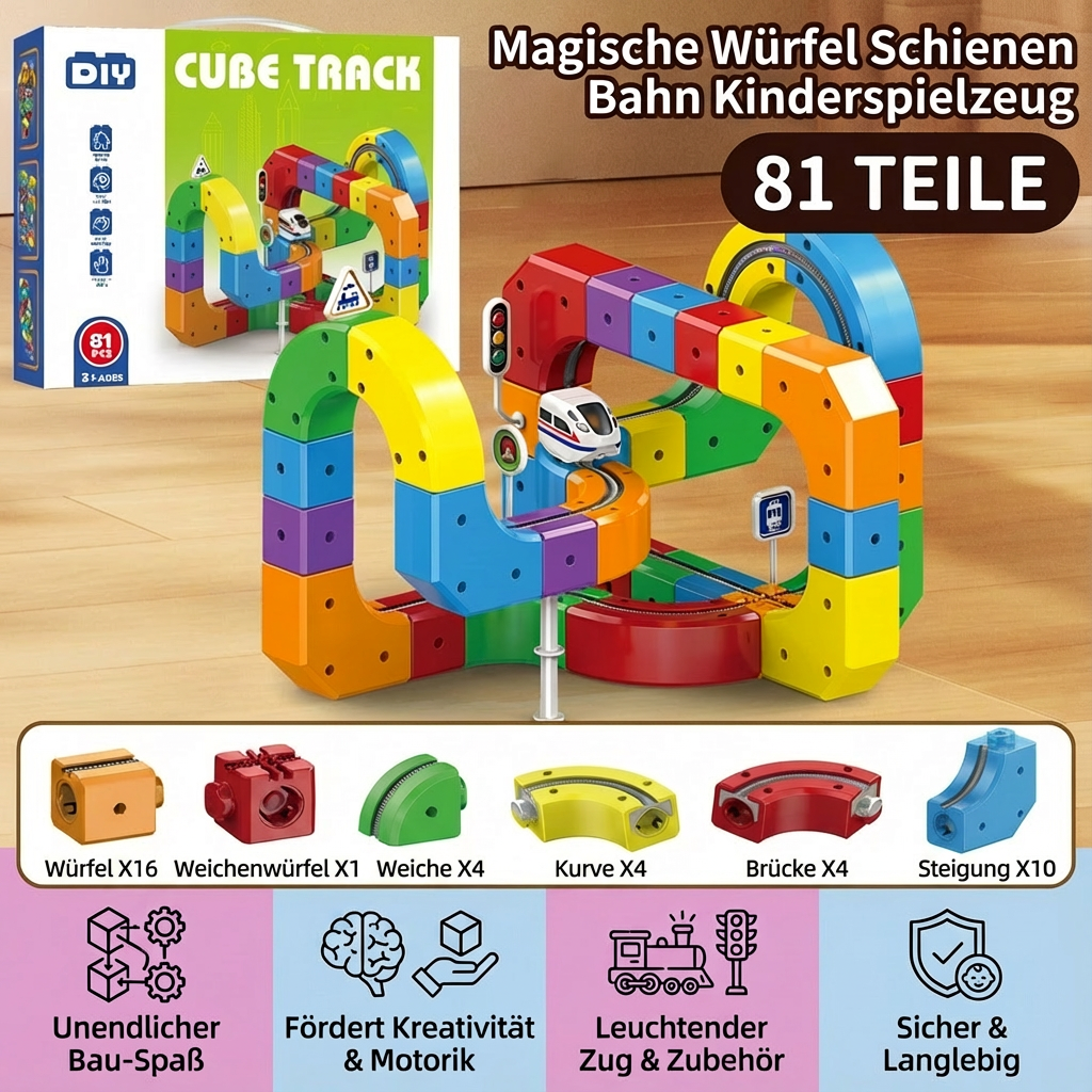 Robuste Magische Würfel Schienen Bahn aus bunten Bausteinen, sicheres Kinderspielzeug zum Bauen.