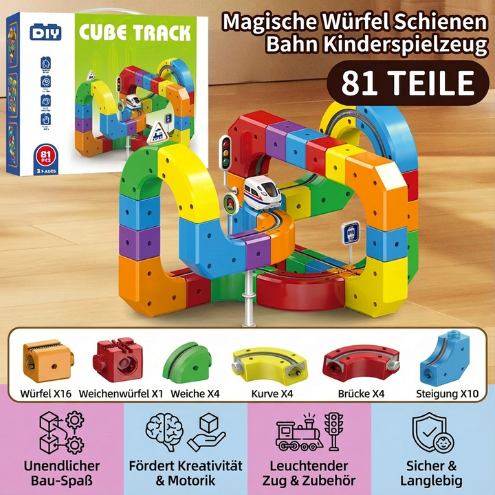 Robuste Magische Würfel Schienen Bahn aus bunten Bausteinen, sicheres Kinderspielzeug zum Bauen.