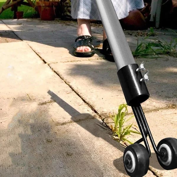 Fugen-Unkrautentferner mit extra langem Stiel. Dieses Gartenwerkzeug ermöglicht rückenschonende Unkrautentfernung.
