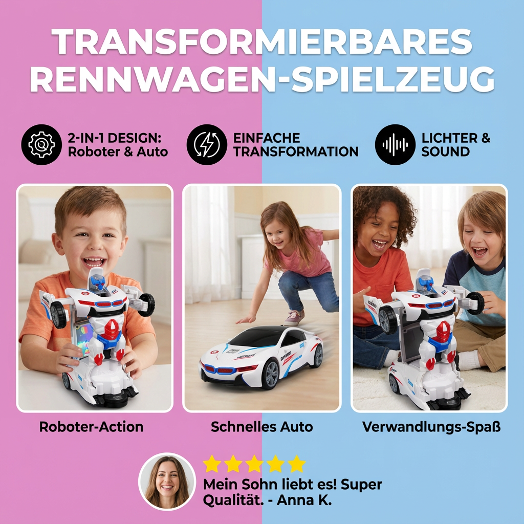 Aufregender Kinder-Rennwagen in Rot, mit dynamischer Verwandlung zum Roboter und Soundeffekten.