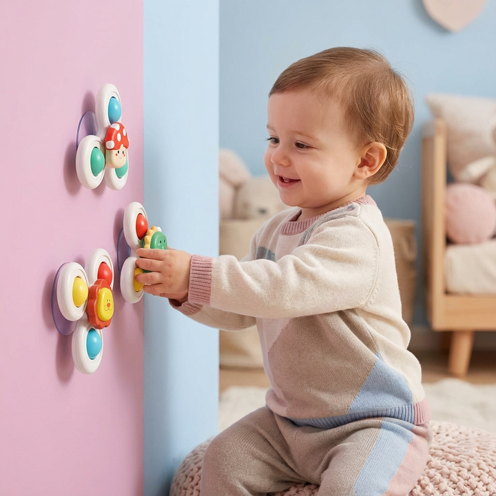 Babys Saugnapf Drehspielzeug Set, 3 bunte, sensorische Spielzeuge für Motorik & Spielspaß am Hochstuhl.