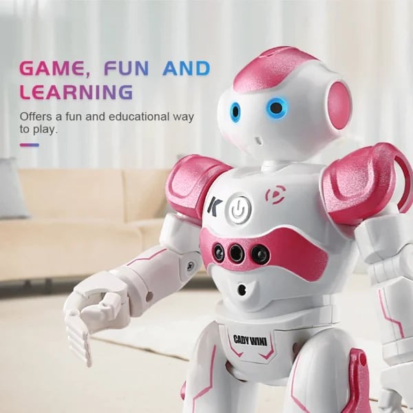 Gelb-blau-weißer Roboter für Kinder, ein interaktives Spielzeug zur spielerischen Einführung in MINT.