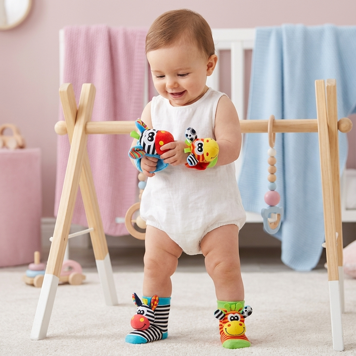 Set aus sensorischen Babysocken & Armbändern. Fühlspielzeug mit Geräuschen zur Entwicklung der Sinne.