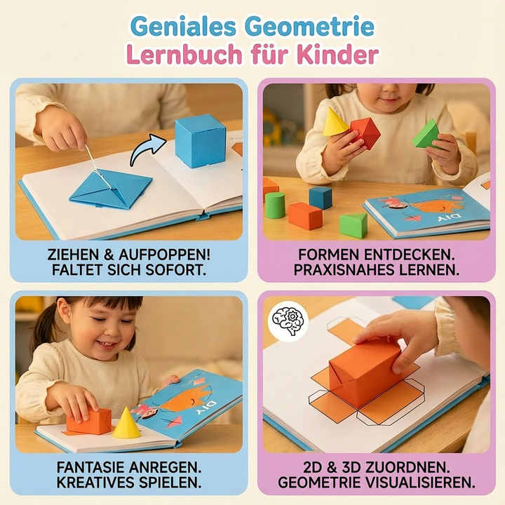 Detailaufnahme: Innenansicht des Lernbuchs, zeigt einfache Erklärungen und Aufgaben zu geometrischen Formen.