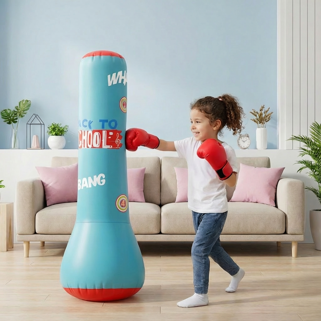 Robuster, blau-schwarzer Kinder-Boxsack mit wasserbefüllter Standfläche. Fördert Fitness & Spiel für Jungen & Mädchen.