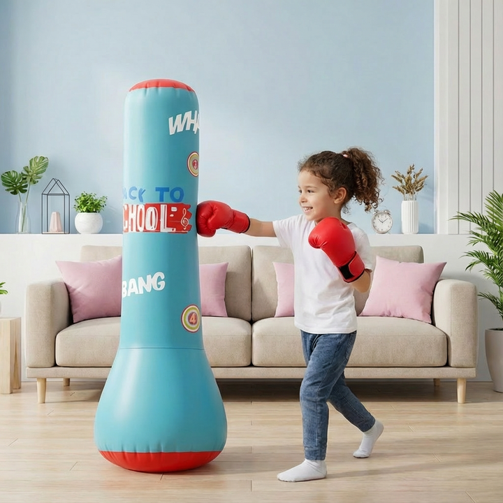 Robuster, blau-schwarzer Kinder-Boxsack mit wasserbefüllter Standfläche. Fördert Fitness & Spiel für Jungen & Mädchen.