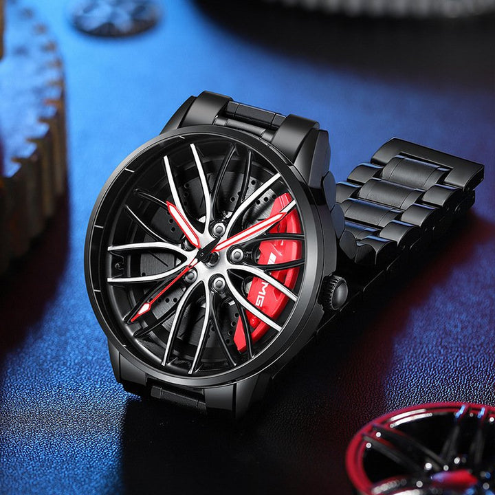 Nahaufnahme des Zifferblatts der Luxus Rennwagen Armbanduhr für Herren, präzise Zeitanzeige.