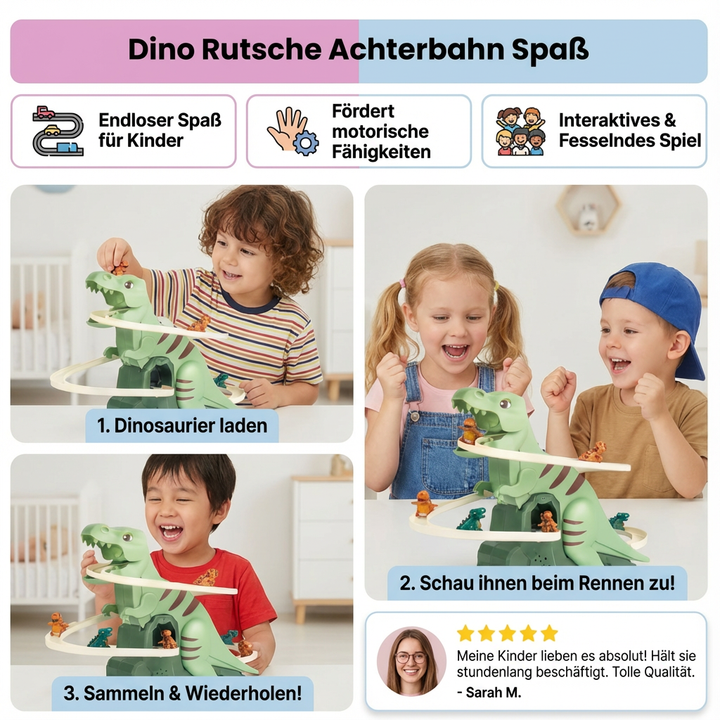 Detail der Dino Rutsche Achterbahn: sichere, breite Rutschfläche aus Kunststoff. Fördert Motorik & Kreativität.