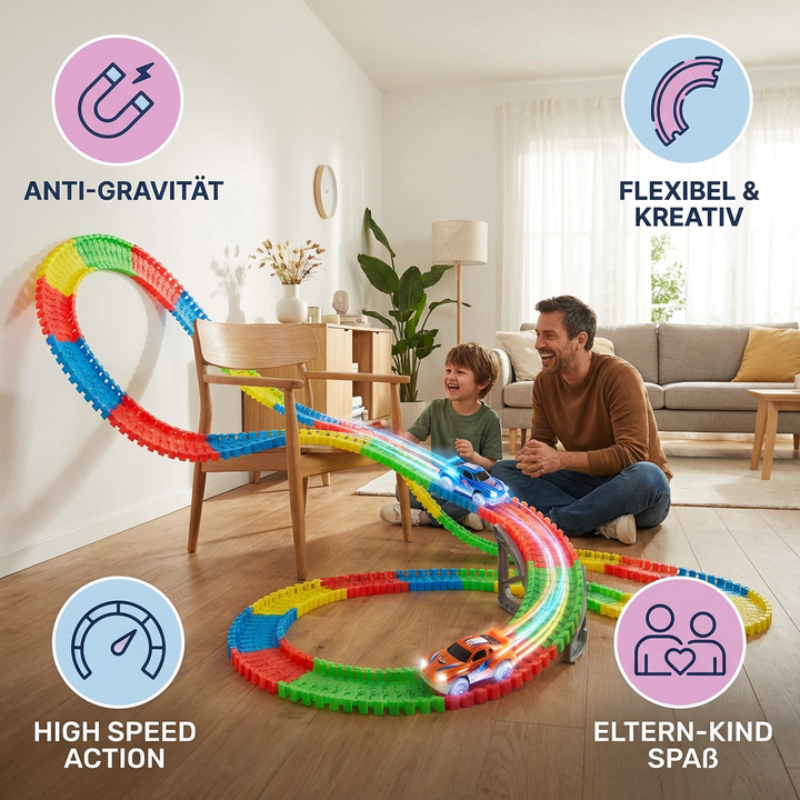 Flexible Anti-Schwerkraft Rennbahn, von Kindern kreativ zu beeindruckenden Loopings geformt.
