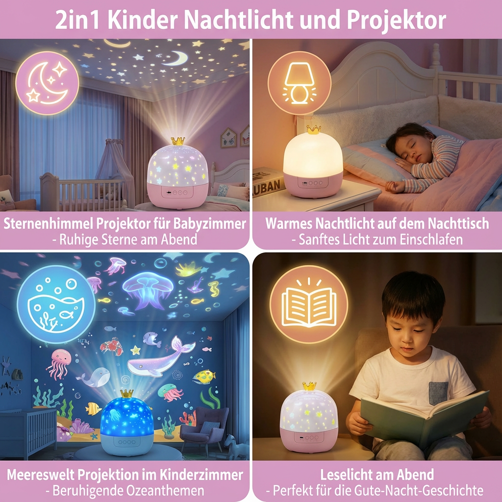 Magischer Sternenlicht Projektor verwandelt jedes Kinderzimmer in einen funkelnden Himmel oder eine Unterwasserwelt.