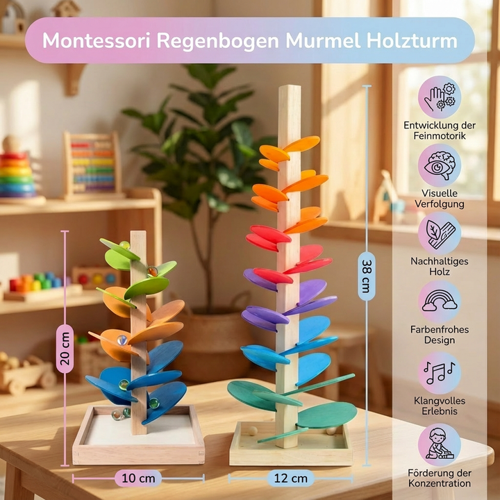 Stapelbarer Montessori Regenbogen Murmel Turm aus Holz, interaktive Murmelbahn für Kinder ab 1 Jahr.