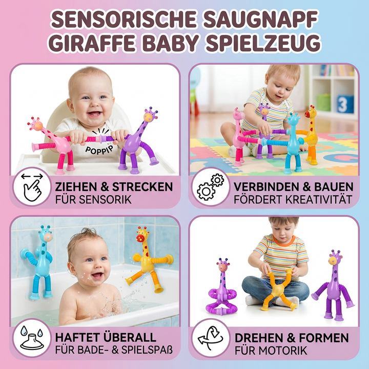 Saugnapf Giraffe Babyspielzeug, sensorisch und bunt, perfekt für Motorik und Lernspaß.