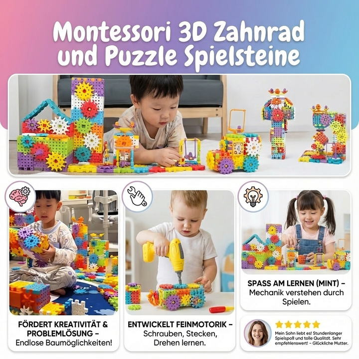 Lernspielzeug: Montessori 3D Zahnrad & Puzzle Set für Kinder. Fördert Feinmotorik, Logik und Problemlösung.