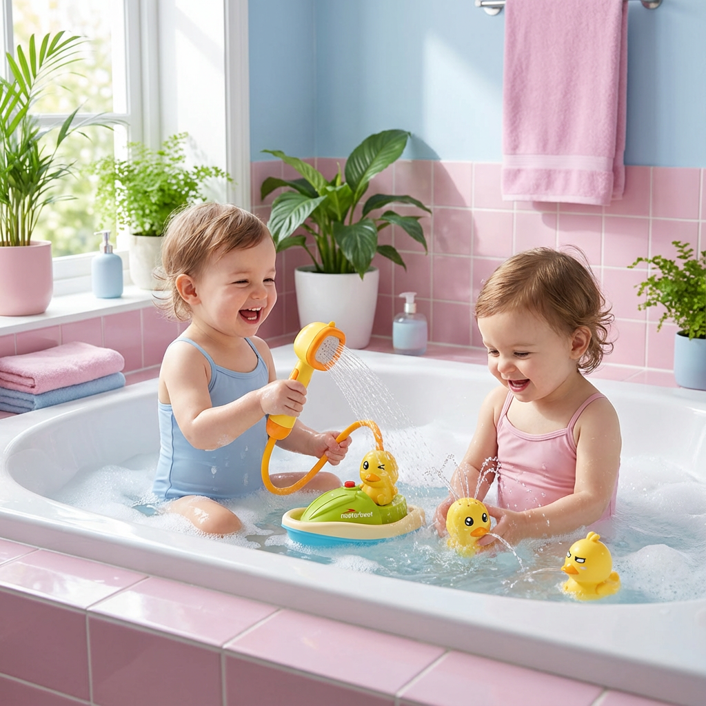Kinder Entenfontäne Badespielzeug mit Duschkopf. Lustiges Wasserspielzeug für Badewanne & Dusche, fördert Motorik.