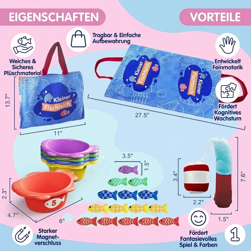 Pädagogisches Montessori Plüsch Fischteich Spielzeug: Stärkt Feinmotorik, kognitive Fähigkeiten & Hand-Auge-Koordination.