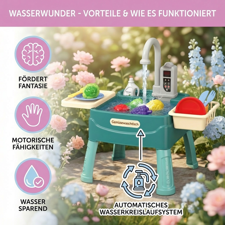 Lernspielzeug Kinder-Spielküche, realistischer Wasserhahn, fördert Kreativität und Entwicklung bei Kindern.