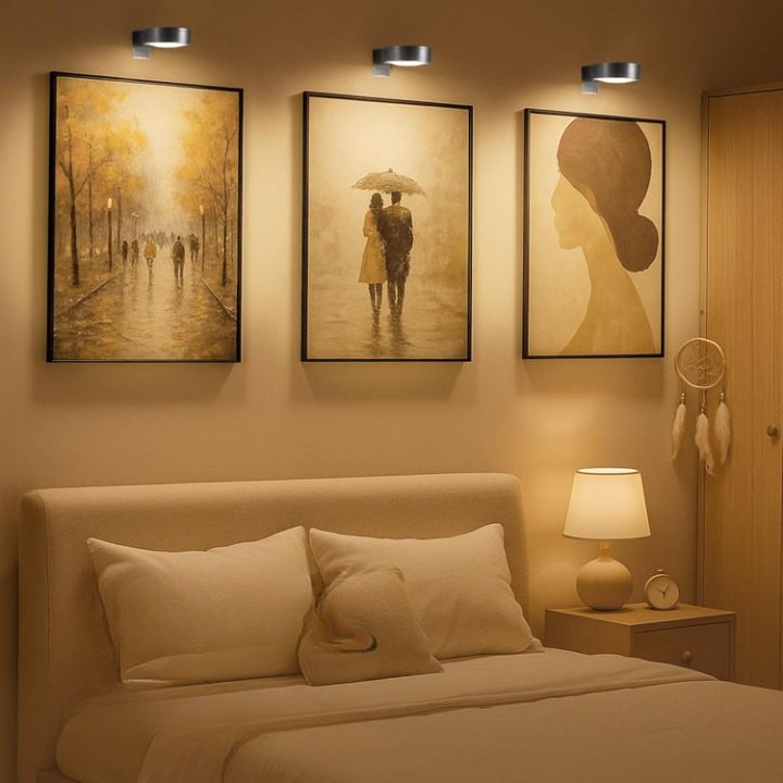 Warmweiße LED Kunstbeleuchtung, kabellos und dimmbar, ideal zur Akzentuierung von Bildern.
