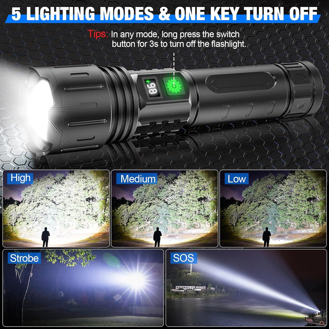Multifunktionale LED-Taschenlampe mit Powerbank-Funktion für Notfall, Camping und Outdoor-Einsätze.