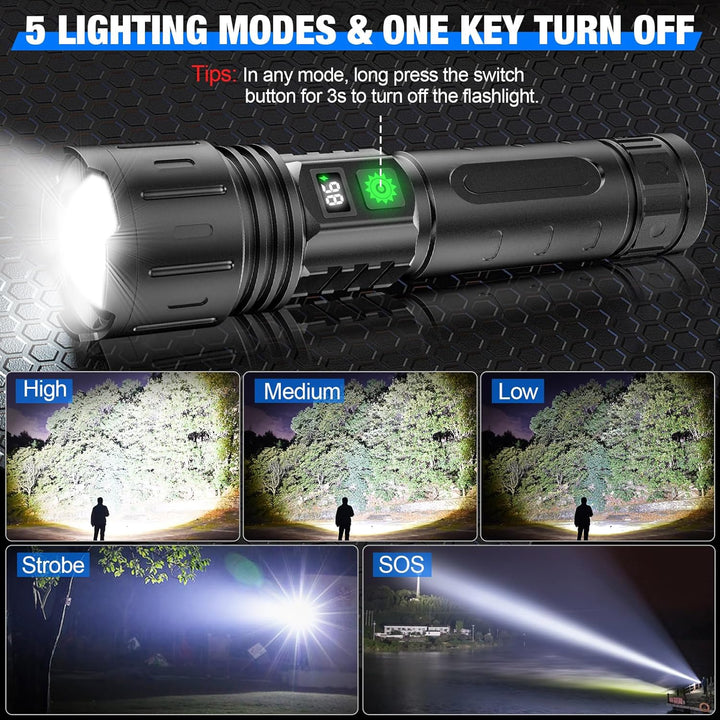 Multifunktionale LED-Taschenlampe mit Powerbank-Funktion für Notfall, Camping und Outdoor-Einsätze.