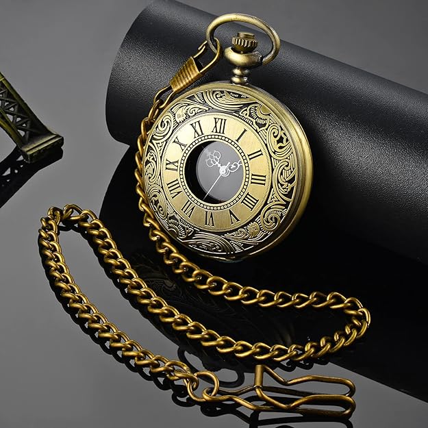 Elegante Unisex Quarzuhr im Taschenformat, Vintage Design mit Kette.