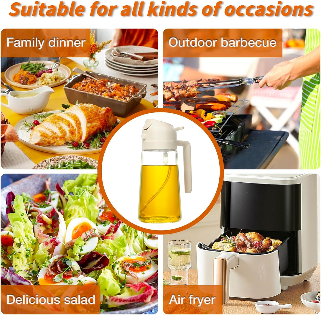 Unverzichtbarer 2-in-1 Küchenhelfer: Ölsprüher und Ölspender in 470ml Glasflasche für Kochen, Backen & Salat.