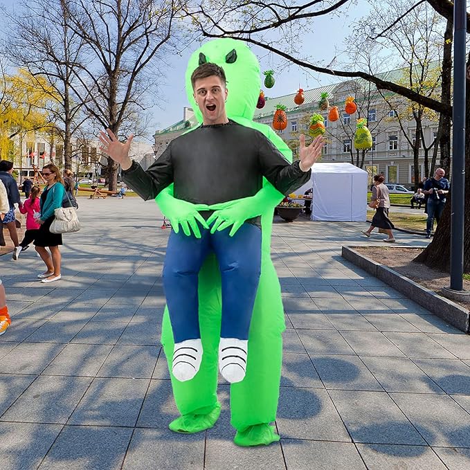 Aufblasbares grünes Alien Kostüm für Kinder & Erwachsene, perfekt für Fasching & Halloween Partys.