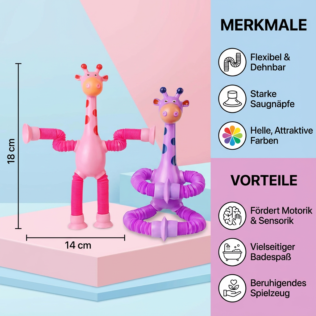 Kleinkindspielzeug: Sensorische Giraffe mit Saugnapf, fördert Tastsinn und Feinmotorik, bunt.