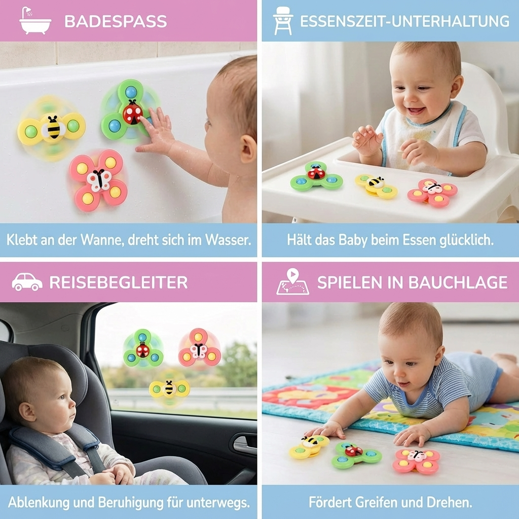 Sicheres 3er Set Baby Karussell Spielzeug. Entwicklungsförderndes Sensorik-Spielset für Kinder zum Greifen & Drehen.