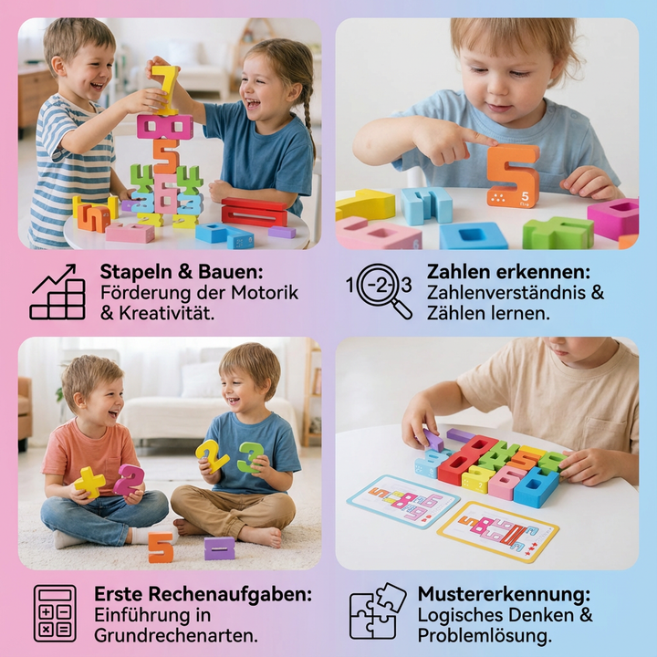 Kind spielt mit farbenfrohen Mathe-Lernblöcken, lernt Zahlen & Grundrechenarten, fördert spielend Feinmotorik.