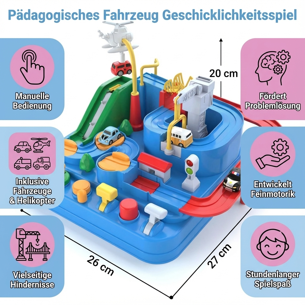 Komplettes Set: Pädagogisches Fahrzeug-Geschicklichkeitsspiel mit mehreren Autos & Bahnen für Kinder.