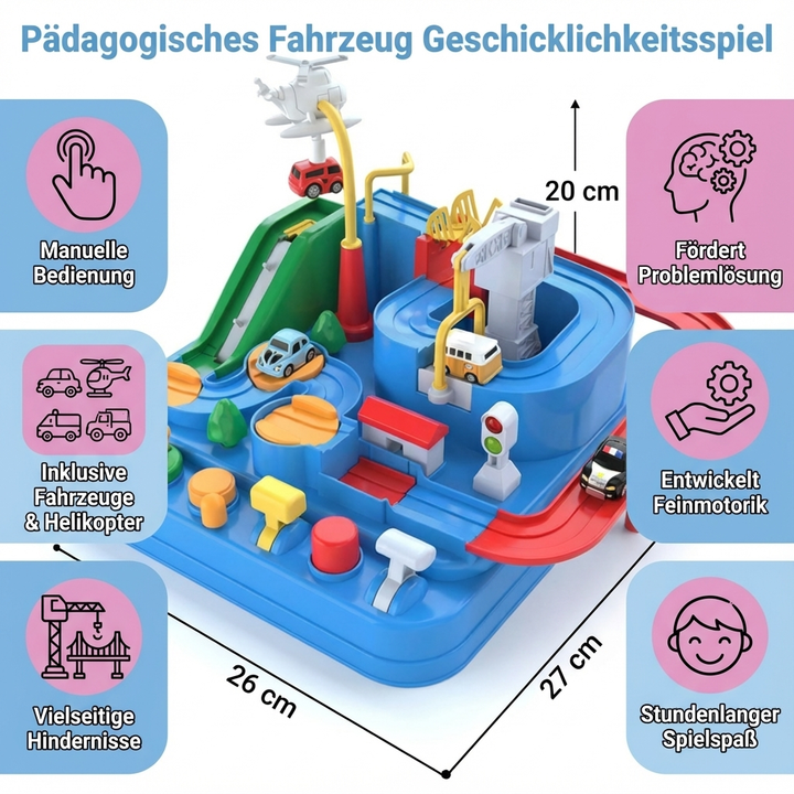 Komplettes Set: Pädagogisches Fahrzeug-Geschicklichkeitsspiel mit mehreren Autos & Bahnen für Kinder.