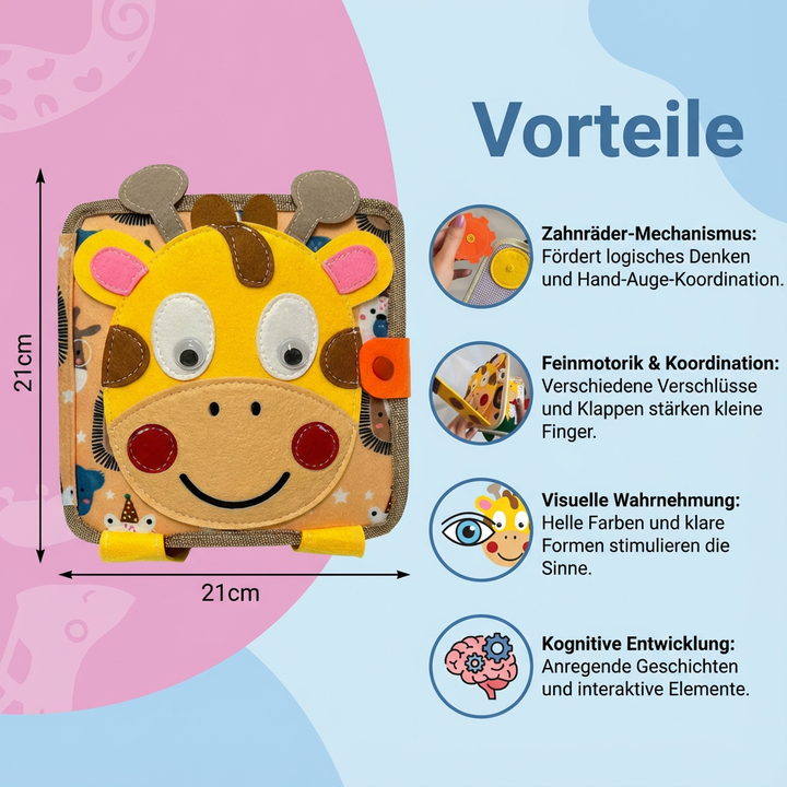 Montessori Aktivitätsbuch für Kleinkinder, mit Giraffen und verschiedenen Materialien für spielerisches Lernen.