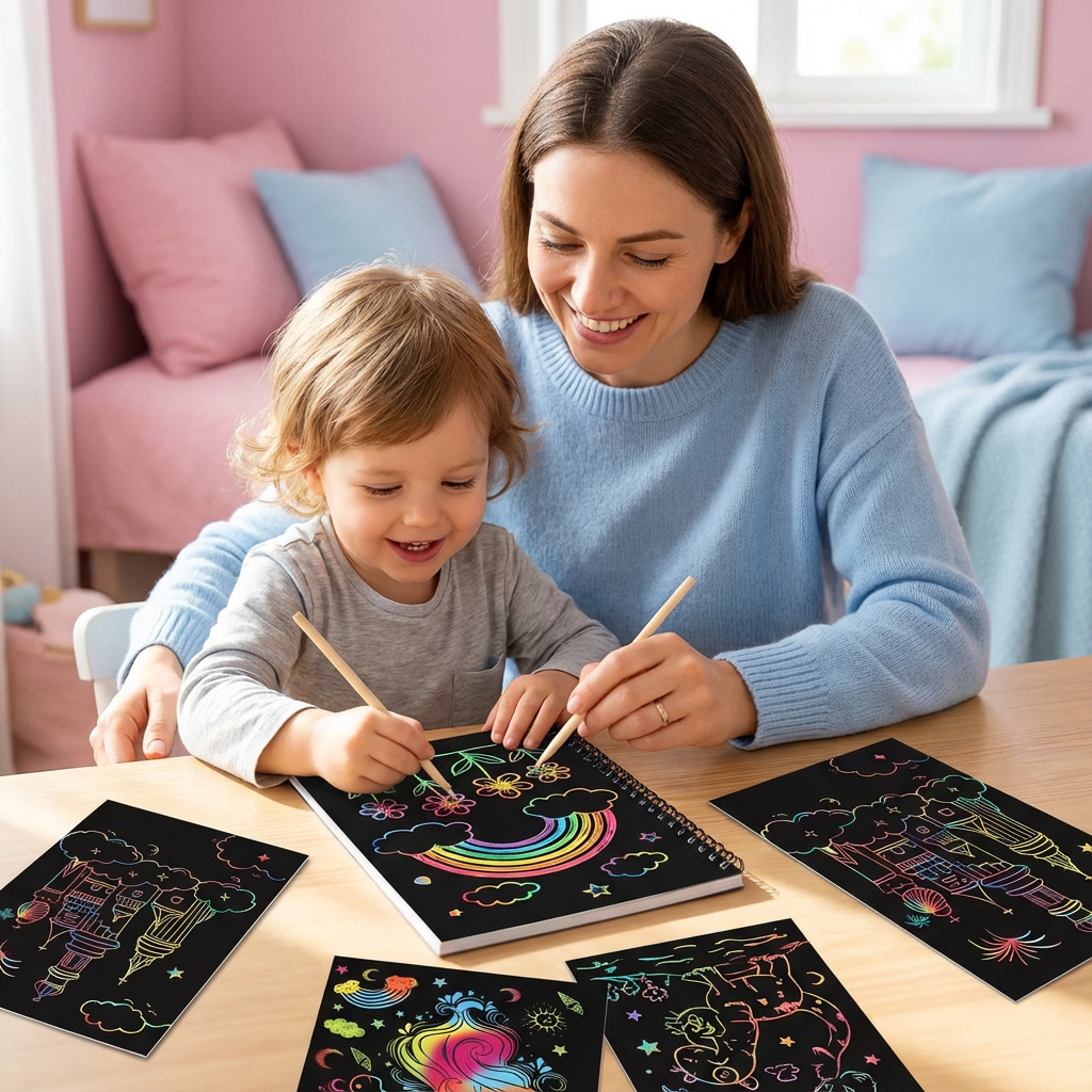 Kind malt mit Kratzpapier Set Regenbogen-Bilder, fördert Kreativität & Feinmotorik bei Spiel & Spaß.