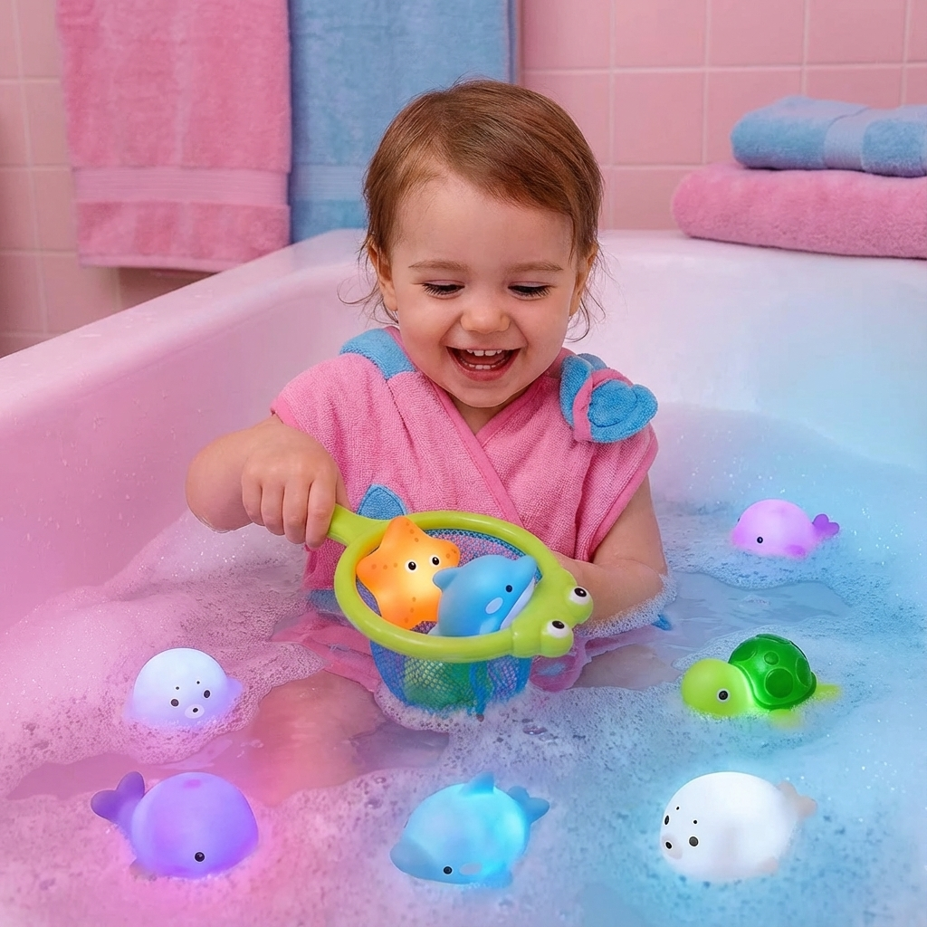 Leuchtende Bade-Tierchen für magischen Badespaß im Wasser; wasserfestes Sensorik-Spielzeug für Babys & Kleinkinder.