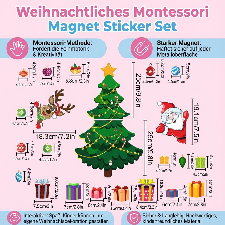 Glückliche Kinder spielen mit dem Montessori Weihnachts-Magnetset, fördert Kreativität & Feimotorik.