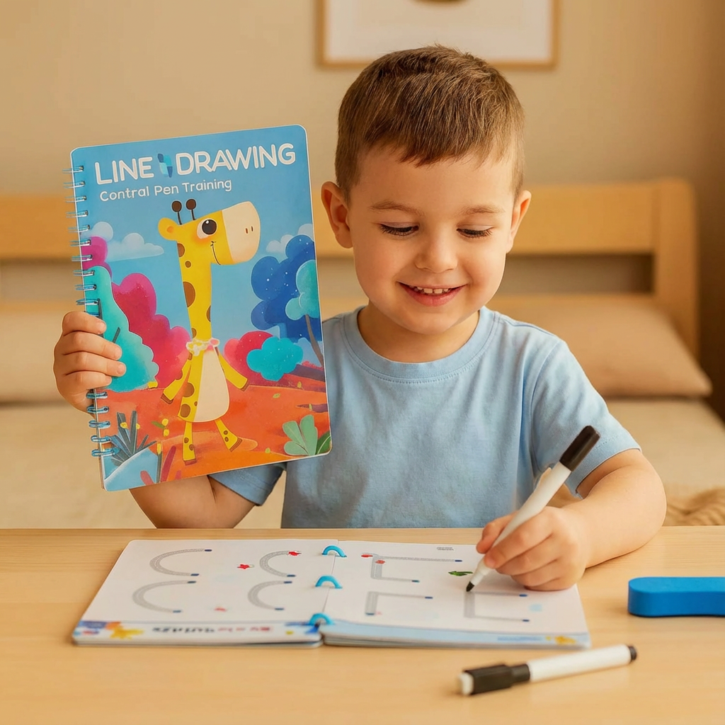 Innenseiten des Schreiblernbuchs mit Übungen für Stiftkontrolle, Linien und Formen für Vorschüler.