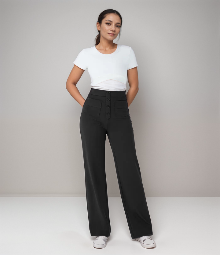 Komfortable Stretchhose Damen, High Waist, weites Bein, bügelfrei, formend. Für den modernen Look.