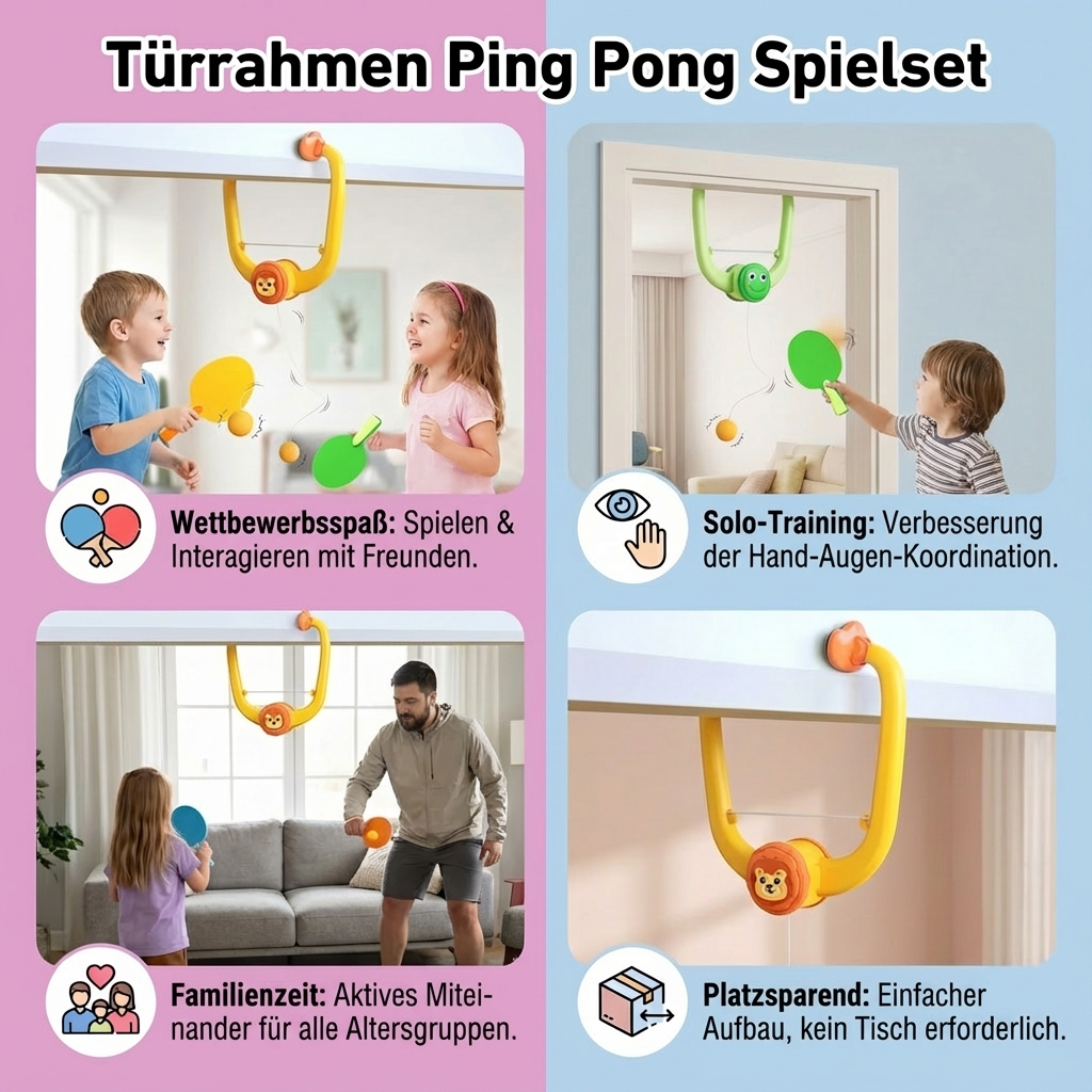 Vielseitiges Kinderspielzeug: Türrahmen Ping Pong Set in Grün-Gelb, fördert Bewegung und Spielspaß drinnen.