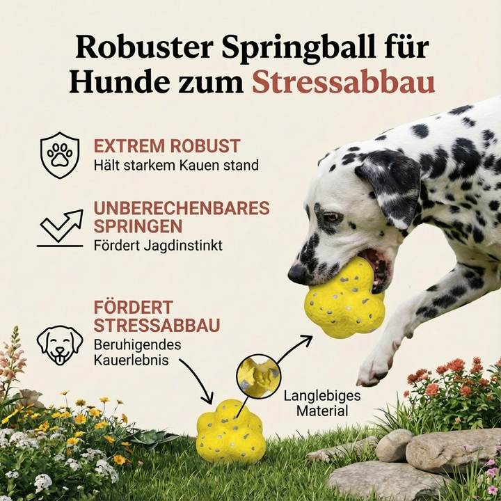 Aktiver Hund spielt draußen mit robustem Springball; fördert Bewegung, Stressabbau und mentale Stimulation.
