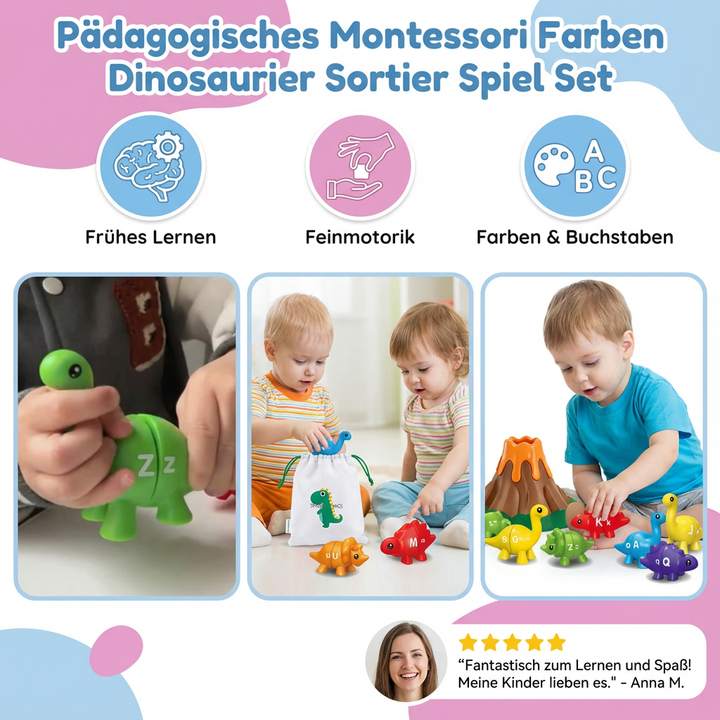 Kind sortiert farbige Dinosaurier-Figuren in passende Behälter; Montessori Lernspiel zum Farben lernen & Feinmotorik.