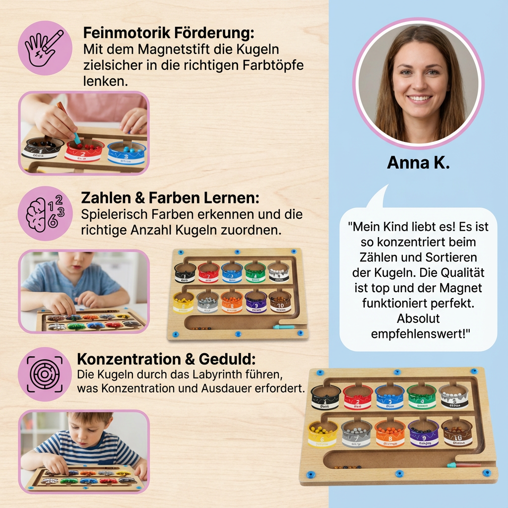 Kind spielt konzentriert mit dem Magnetlabyrinth, übt Geschicklichkeit & Geduld. Lernspielzeug für Vorschulkinder.