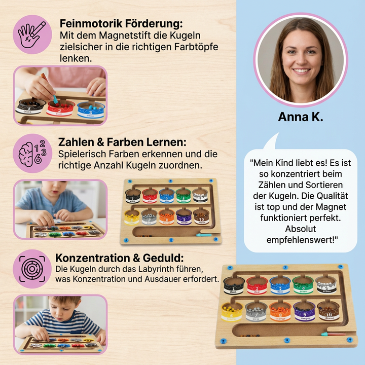 Kind spielt konzentriert mit dem Magnetlabyrinth, übt Geschicklichkeit & Geduld. Lernspielzeug für Vorschulkinder.