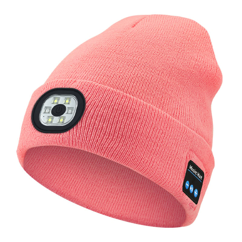 Warme Wintermütze für Outdoor-Enthusiasten mit LED-Licht & integrierten Bluetooth-Kopfhörern; ideal für Sport.