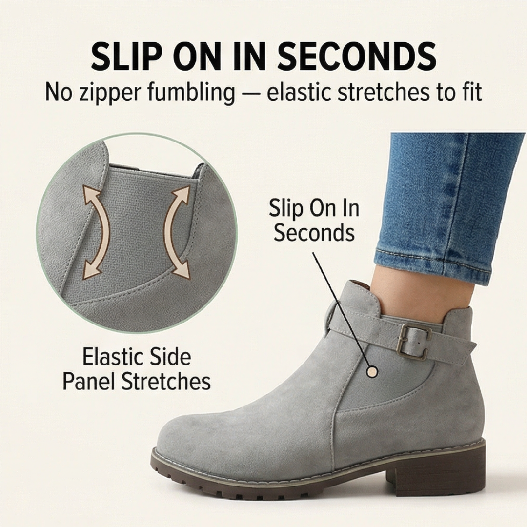 Damen Stiefeletten in Wildleder-Optik, schwarz, mit Schnalle & Blockabsatz, getragen. Elegante Büroschuhe.