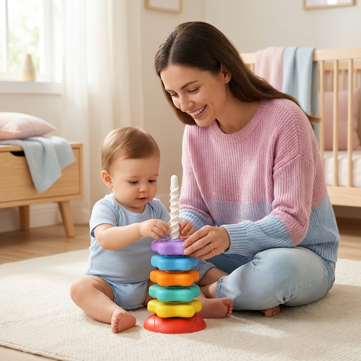 Bunter Regenbogen Dreh- und Farbturm aus Holz, Motorikspielzeug für Kinder zur Förderung der Hand-Augen-Koordination.