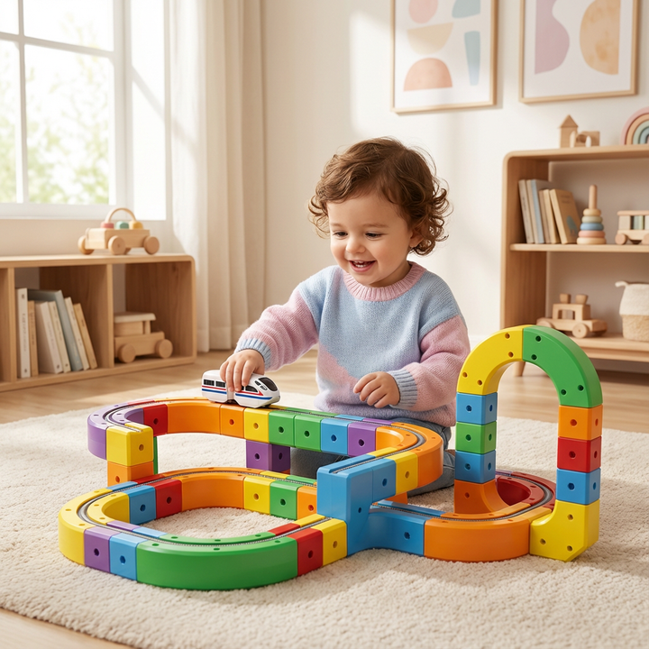 Magische Würfel Schienen Bahn Bauspielzeug für Kinder, fördert Kreativität und Feinmotorik.
