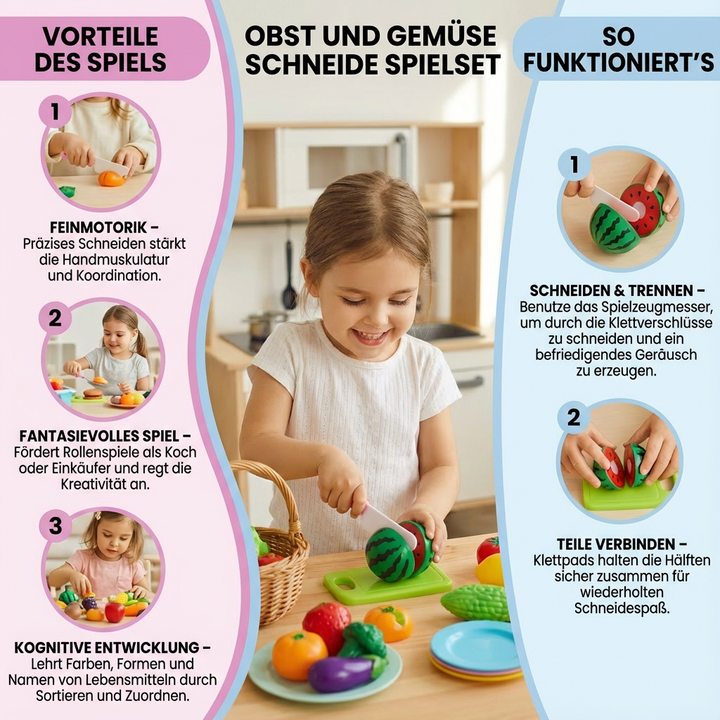 Kreatives Schneidespielzeug Set: Obst & Gemüse zum Zerteilen, ideal für interaktives Küchen-Rollenspiel.