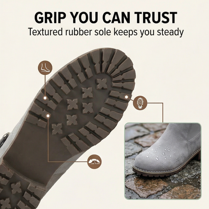 Rückansicht der grauen Damen Stiefeletten in Wildleder-Optik mit stabilem Blockabsatz & dezenter Schnalle.